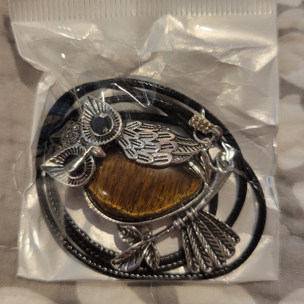Silver Tigers Eye Owl Pendant Necklace